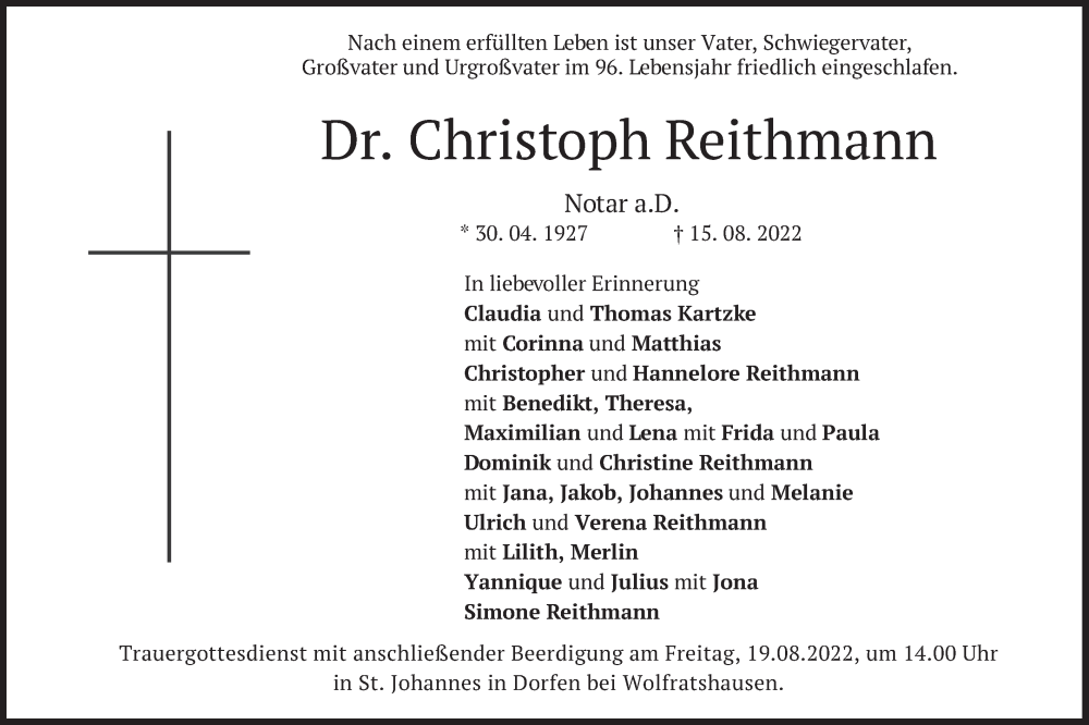  Traueranzeige für Christoph Reithmann vom 18.08.2022 aus merkurtz