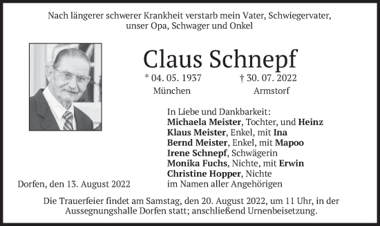 Traueranzeige von Claus Schnepf von merkurtz