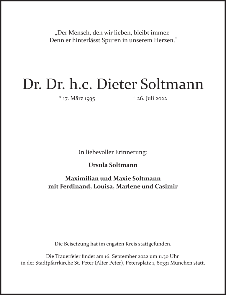  Traueranzeige für Dieter Soltmann vom 06.08.2022 aus merkurtz