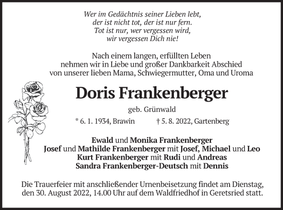 Traueranzeige von Doris Frankenberger von merkurtz