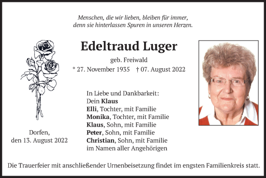 Traueranzeige von Edeltraud Luger von merkurtz