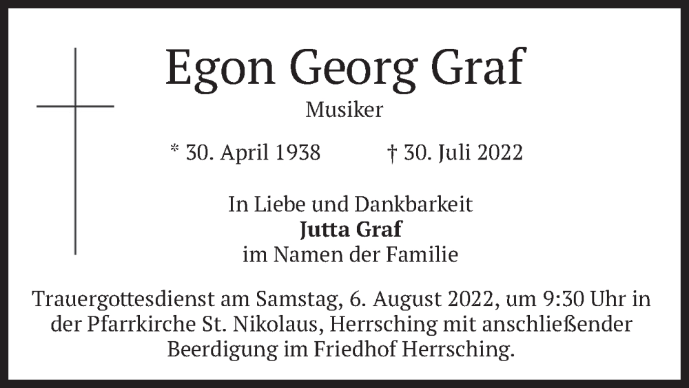  Traueranzeige für Egon Georg Graf vom 03.08.2022 aus merkurtz
