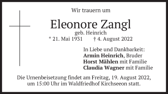 Traueranzeige von Eleonore Zangl von merkurtz