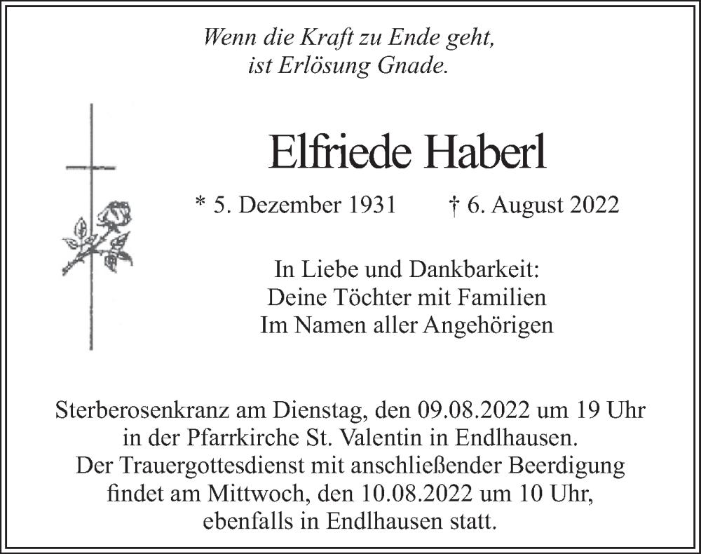 Traueranzeige für Elfriede Haberl vom 08.08.2022 aus merkurtz