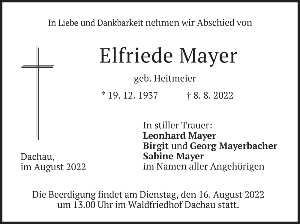  Traueranzeige für Elfriede Mayer vom 13.08.2022 aus merkurtz