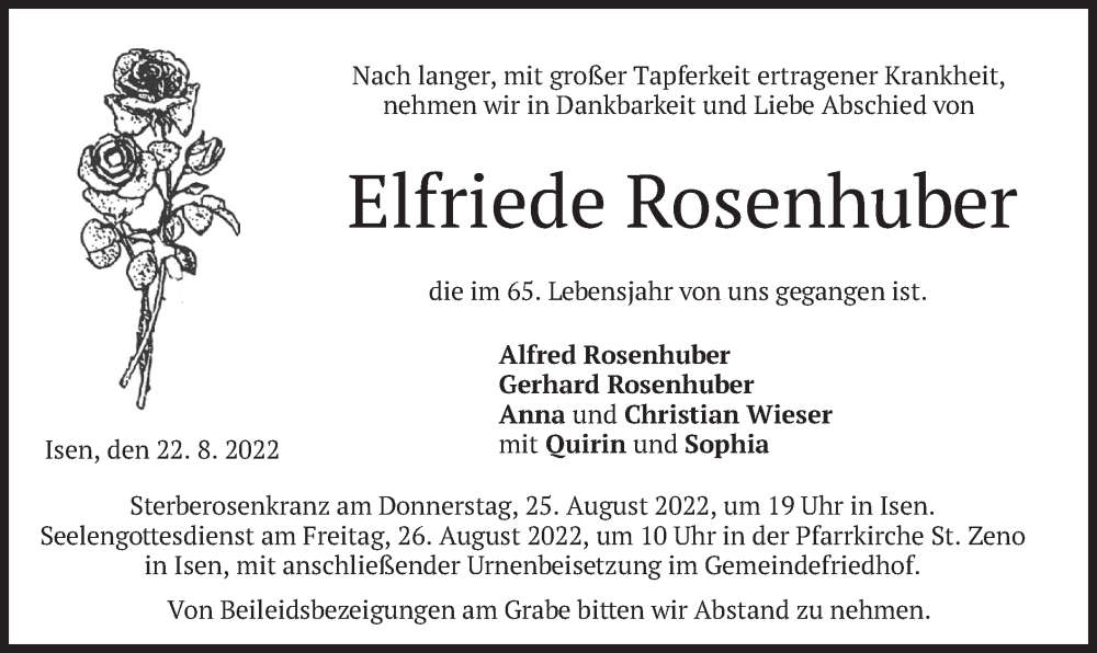  Traueranzeige für Elfriede Rosenhuber vom 24.08.2022 aus merkurtz