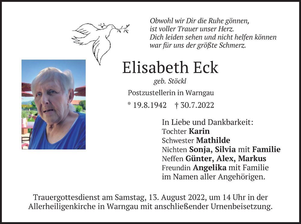  Traueranzeige für Elisabeth Eck vom 06.08.2022 aus merkurtz