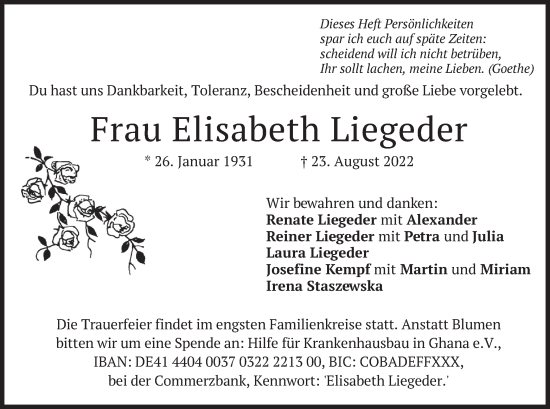 Traueranzeige von Elisabeth Liegeder von merkurtz