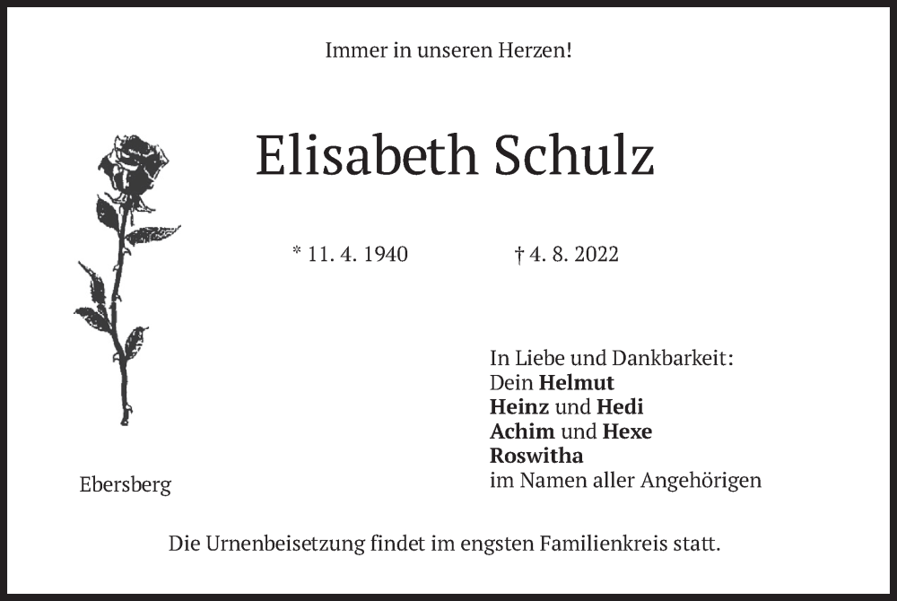  Traueranzeige für Elisabeth Schulz vom 06.08.2022 aus merkurtz