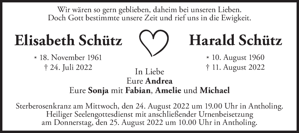  Traueranzeige für Elisabeth und Harald Schütz vom 20.08.2022 aus merkurtz