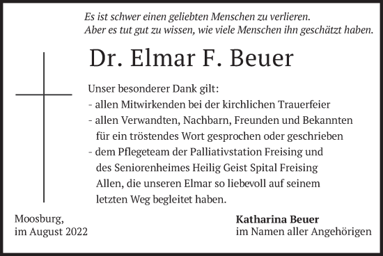 Traueranzeige von Elmar F. Beuer von merkurtz