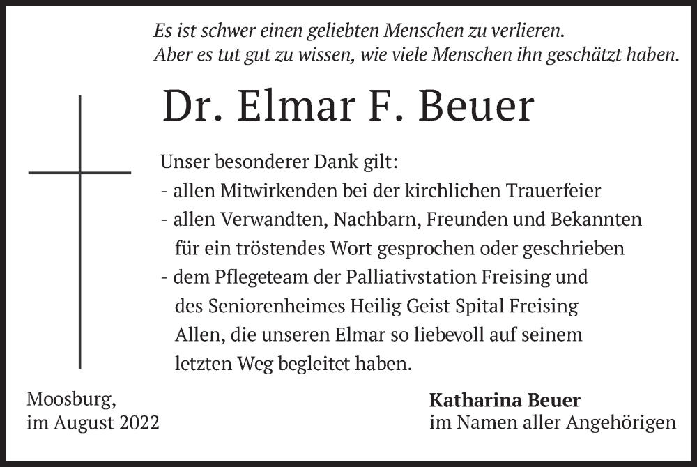  Traueranzeige für Elmar F. Beuer vom 27.08.2022 aus merkurtz