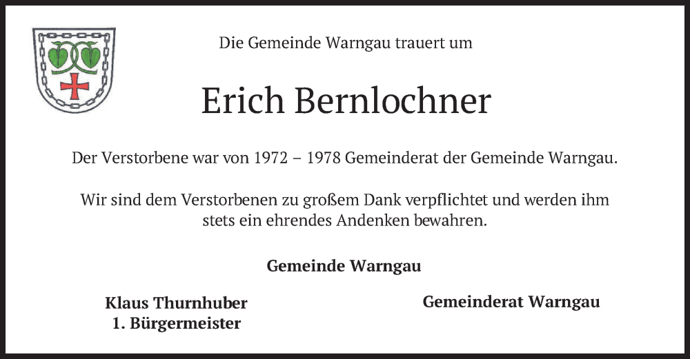  Traueranzeige für Erich Bernlochner vom 05.08.2022 aus merkurtz
