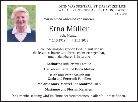 Traueranzeige von Erna Müller von merkurtz