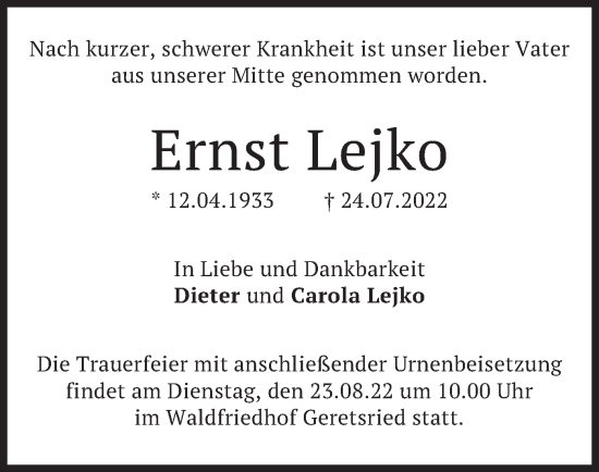 Traueranzeige von Ernst Lejko von merkurtz