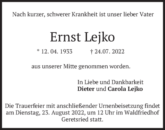 Traueranzeige von Ernst Lejko von merkurtz
