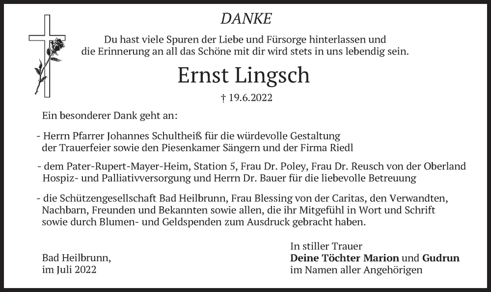  Traueranzeige für Ernst Lingsch vom 30.07.2022 aus merkurtz