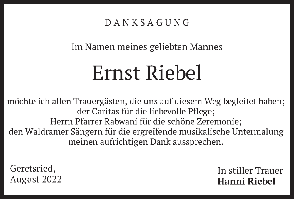  Traueranzeige für Ernst Riebel vom 27.08.2022 aus merkurtz