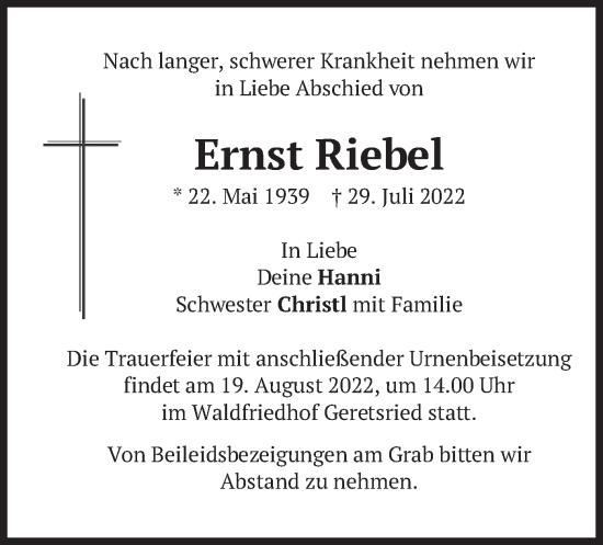 Traueranzeige von Ernst Riebel von merkurtz