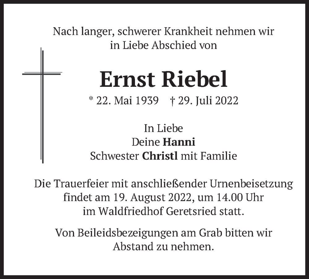  Traueranzeige für Ernst Riebel vom 13.08.2022 aus merkurtz