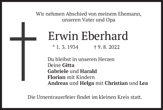 Traueranzeige von Erwin Eberhard von merkurtz