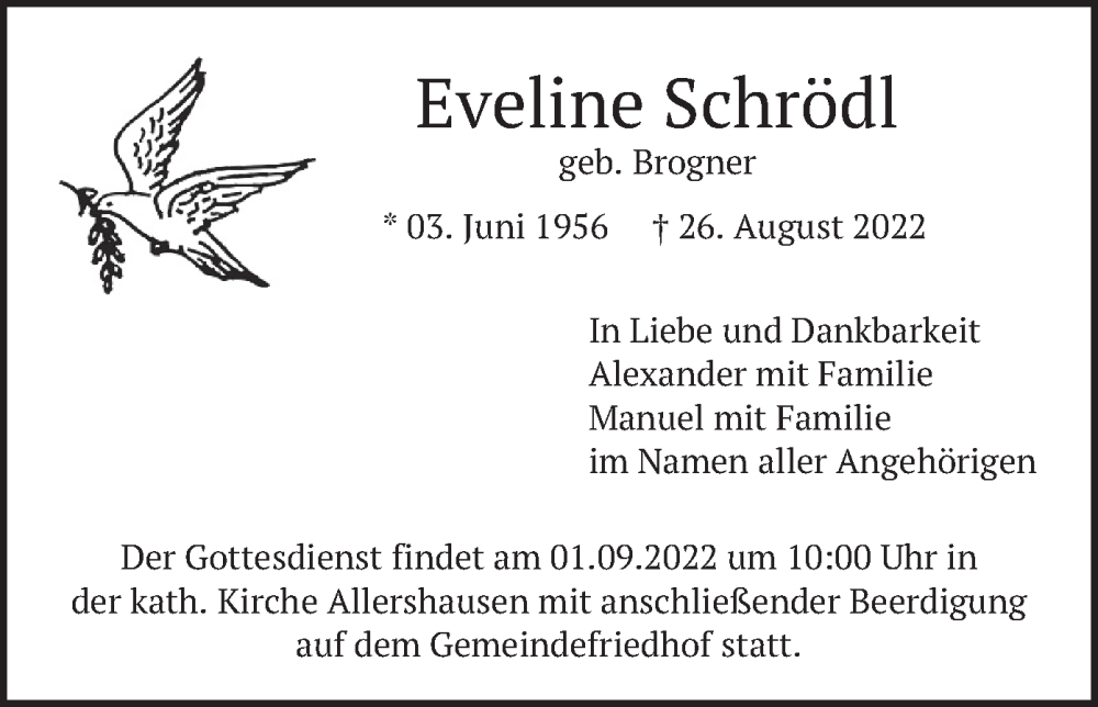  Traueranzeige für Eveline Schrödl vom 30.08.2022 aus merkurtz