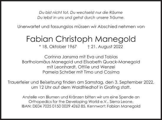 Traueranzeige von Fabian Christoph Manegold von merkurtz