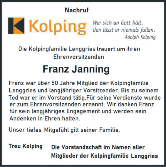 Traueranzeige von Franz Janning von merkurtz