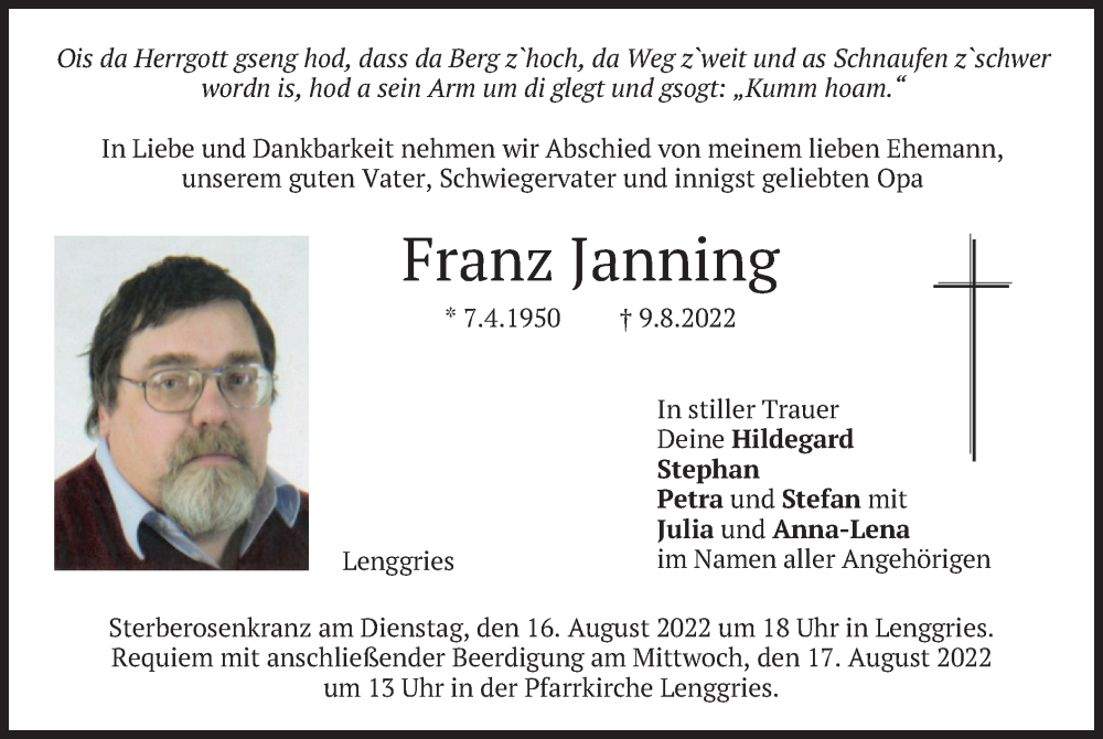 Traueranzeige für Franz Janning vom 13.08.2022 aus merkurtz