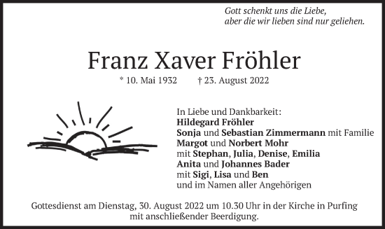 Traueranzeige von Franz Xaver Fröhler von merkurtz