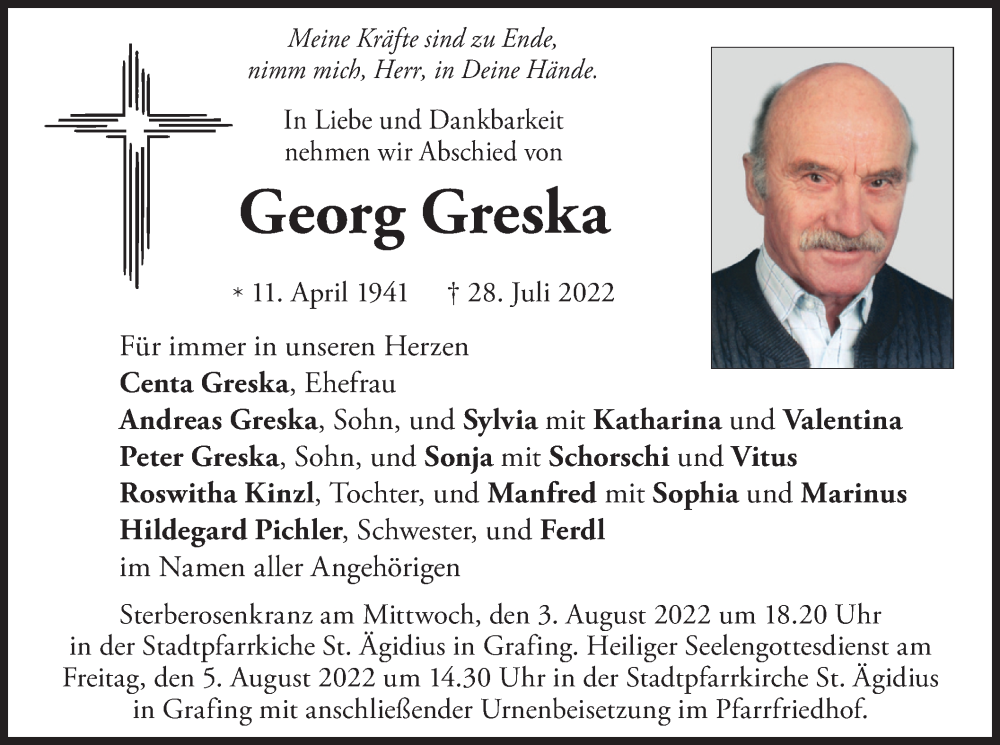  Traueranzeige für Georg Greska vom 02.08.2022 aus merkurtz