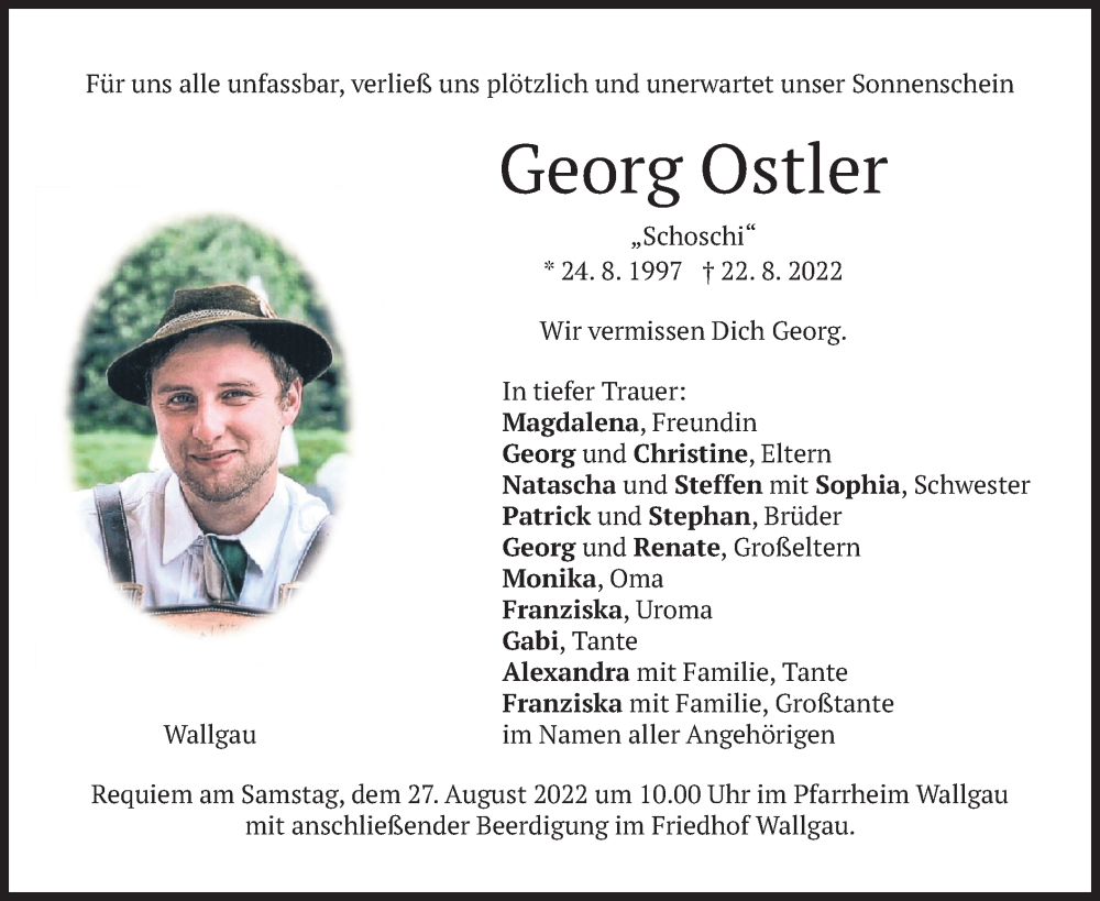  Traueranzeige für Georg Ostler vom 25.08.2022 aus merkurtz