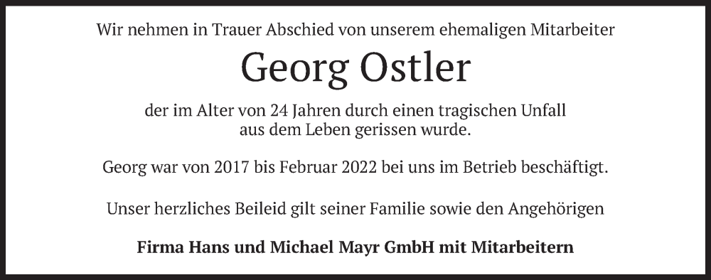  Traueranzeige für Georg Ostler vom 26.08.2022 aus merkurtz