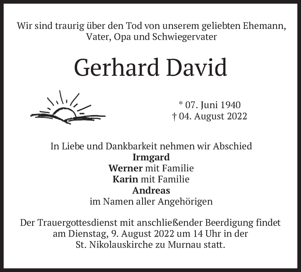  Traueranzeige für Gerhard David vom 06.08.2022 aus merkurtz