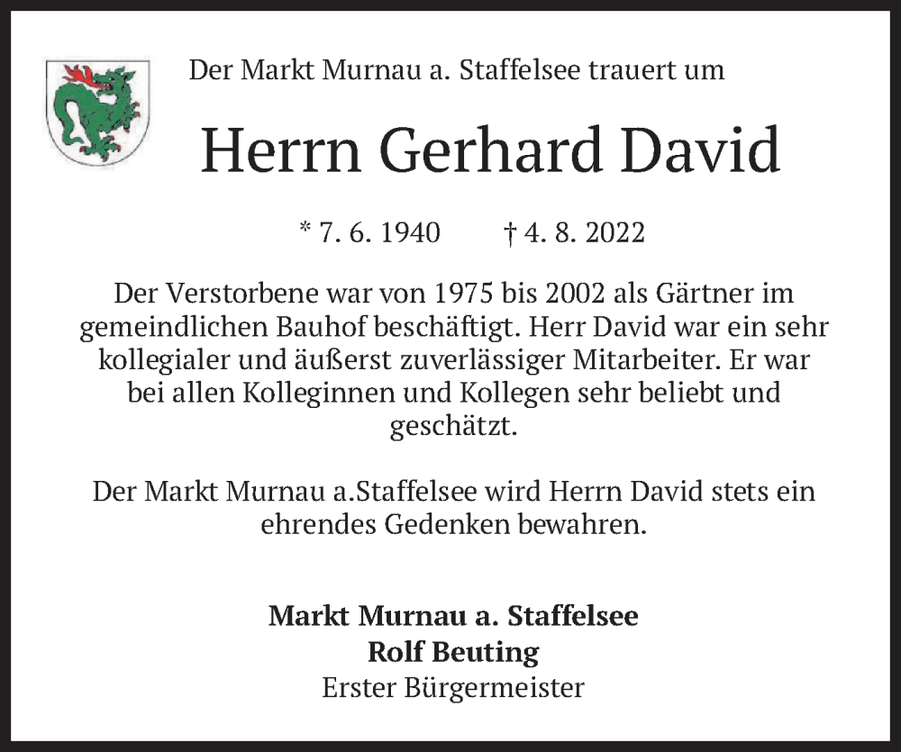  Traueranzeige für Gerhard David vom 06.08.2022 aus merkurtz