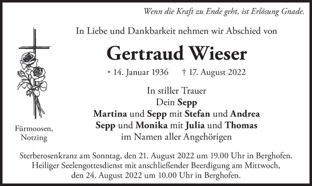  Traueranzeige für Gertraud Wieser vom 20.08.2022 aus merkurtz