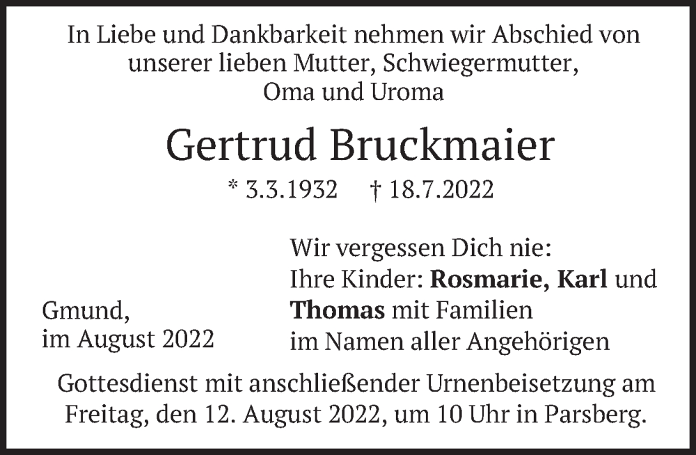  Traueranzeige für Gertrud Bruckmaier vom 09.08.2022 aus merkurtz