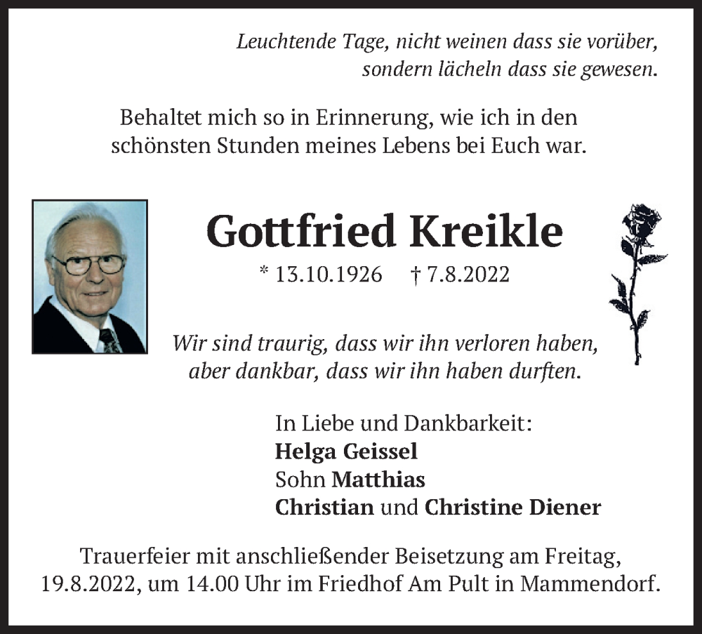  Traueranzeige für Gottfried Kreikle vom 13.08.2022 aus merkurtz