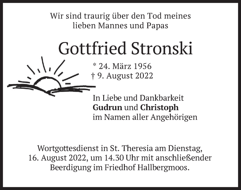  Traueranzeige für Gottfried Stronski vom 13.08.2022 aus merkurtz