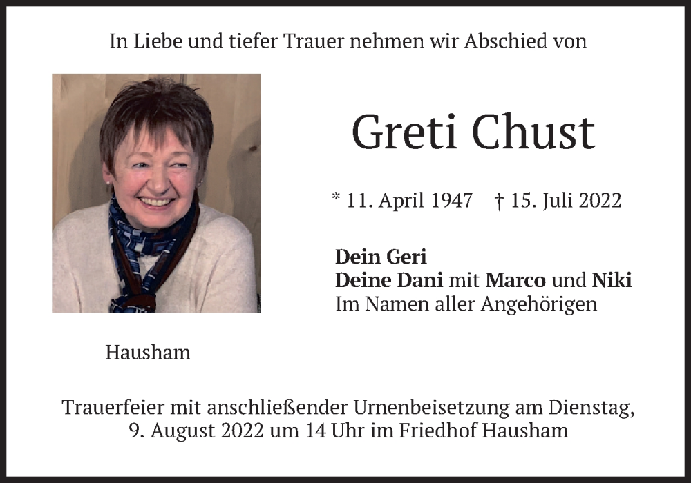  Traueranzeige für Greti Chust vom 06.08.2022 aus merkurtz