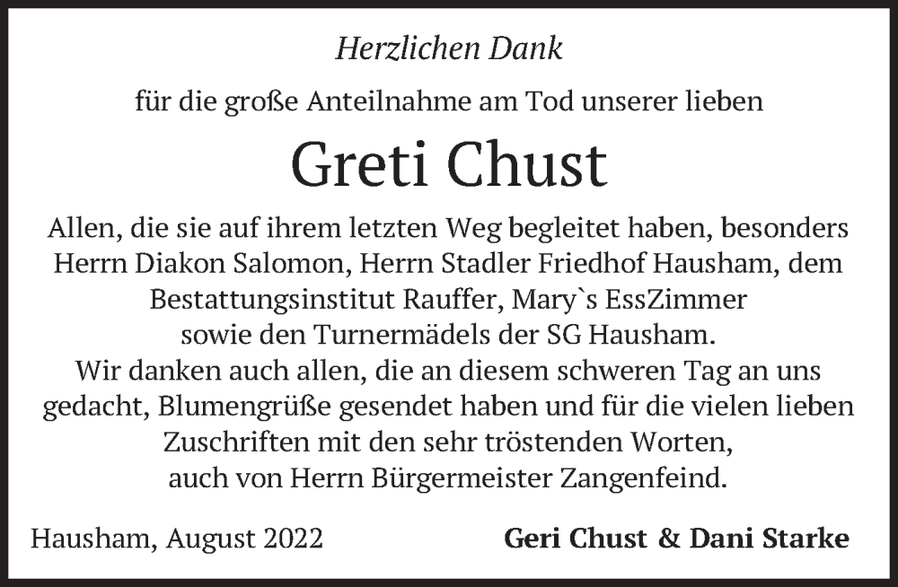  Traueranzeige für Greti Chust vom 27.08.2022 aus merkurtz
