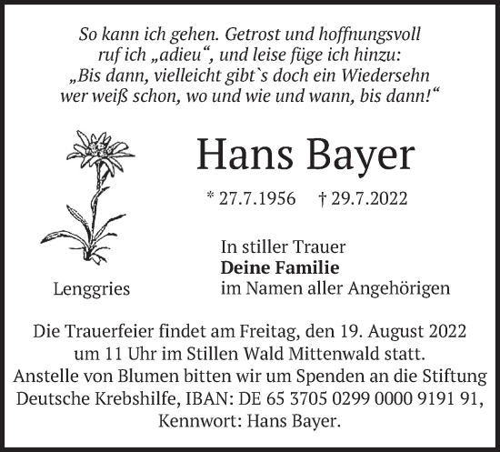 Traueranzeige von Hans Bayer von merkurtz