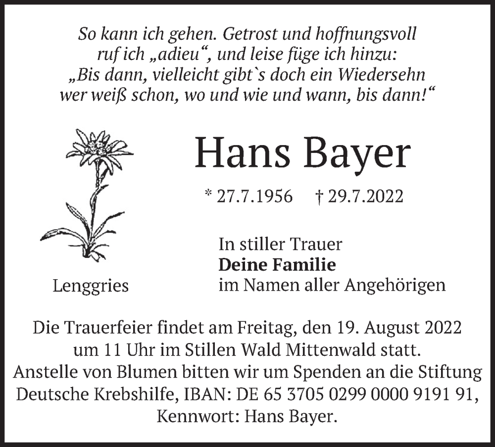  Traueranzeige für Hans Bayer vom 13.08.2022 aus merkurtz