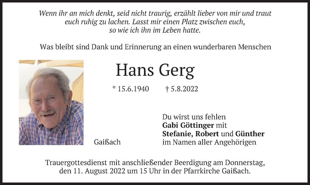  Traueranzeige für Hans Gerg vom 09.08.2022 aus merkurtz