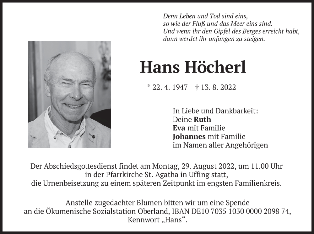  Traueranzeige für Hans Höcherl vom 27.08.2022 aus merkurtz