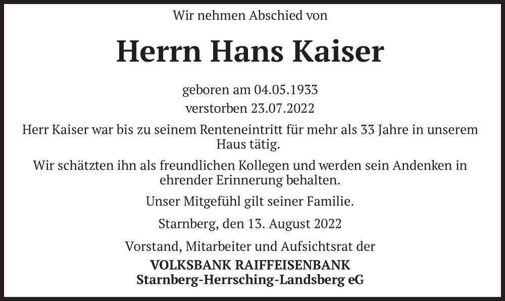  Traueranzeige für Hans Kaiser vom 13.08.2022 aus merkurtz