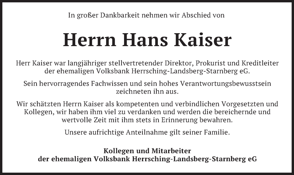  Traueranzeige für Hans Kaiser vom 17.08.2022 aus merkurtz