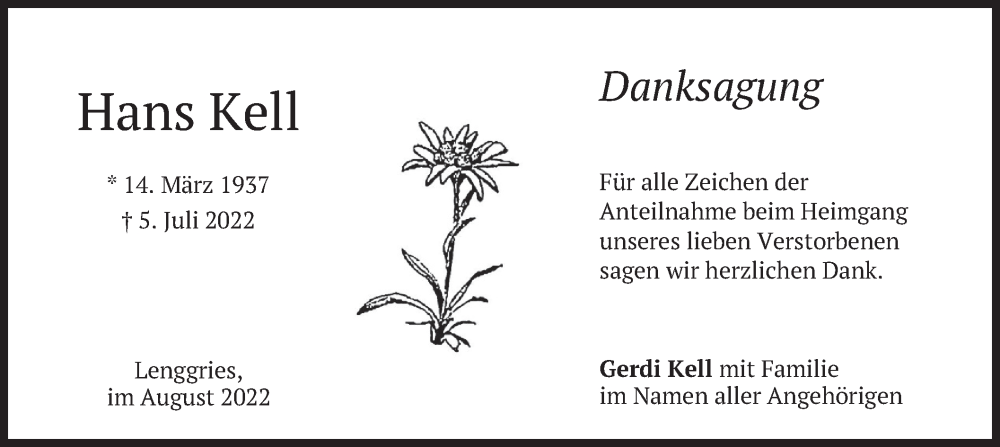  Traueranzeige für Hans Kell vom 06.08.2022 aus merkurtz
