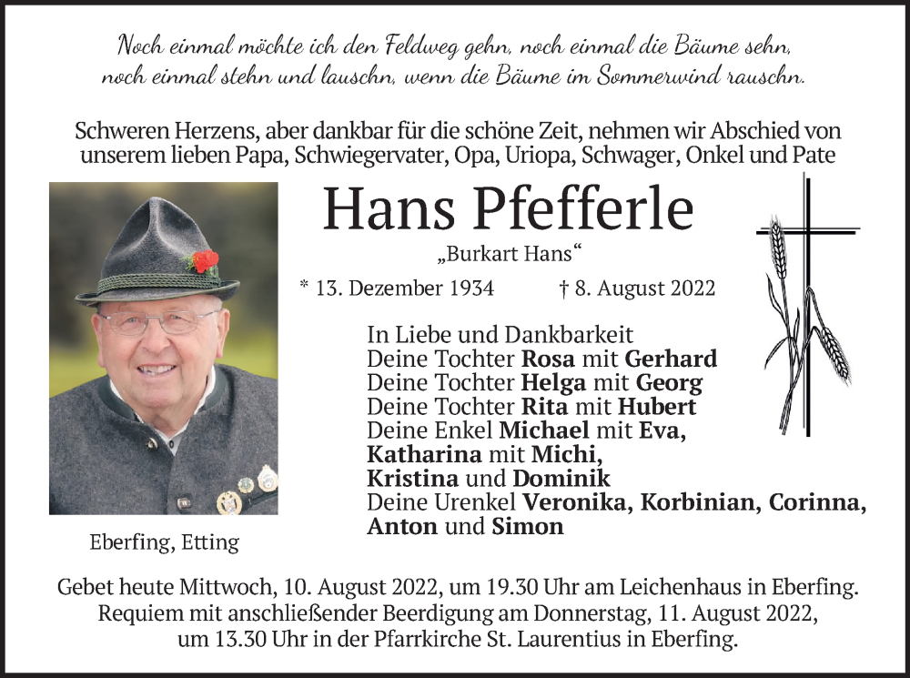  Traueranzeige für Hans Pfefferle vom 10.08.2022 aus merkurtz