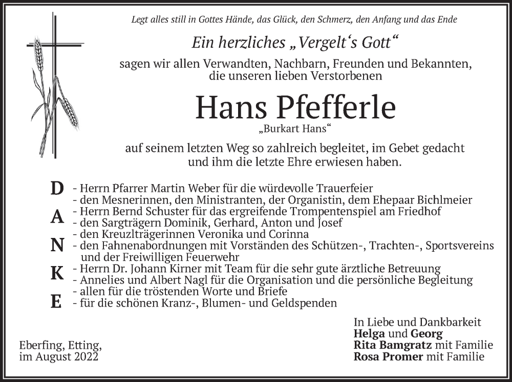  Traueranzeige für Hans Pfefferle vom 27.08.2022 aus merkurtz